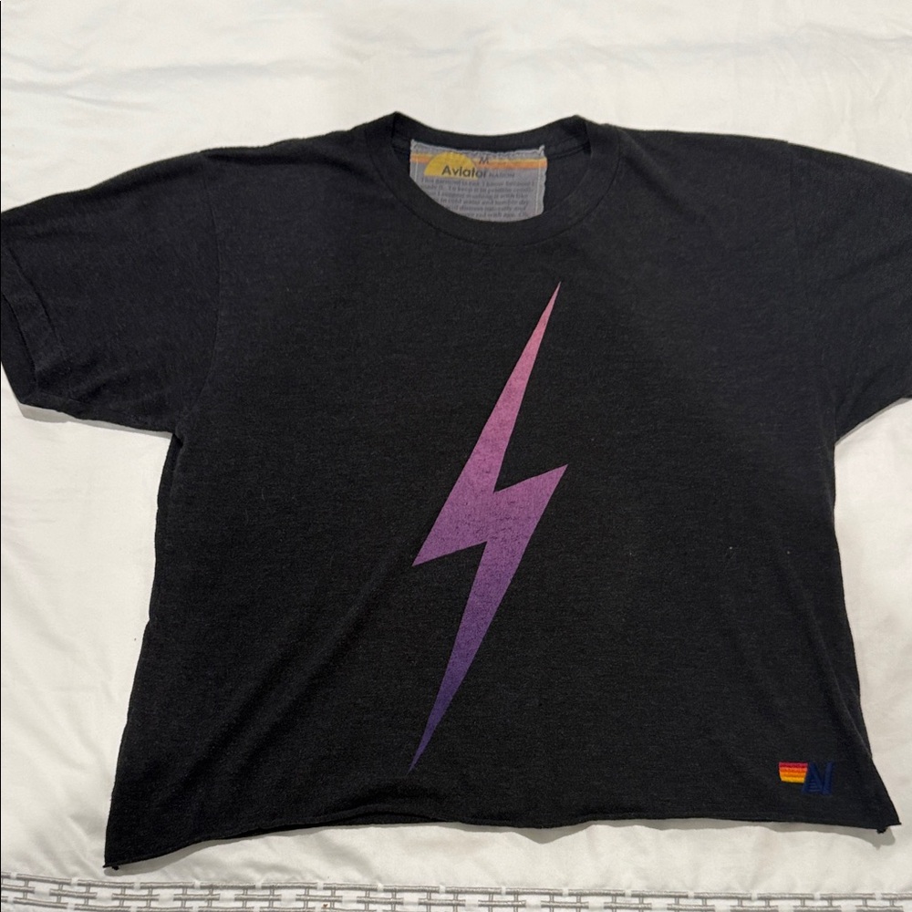 Aviator Nation Black Tee with Purple Lightning Bolt